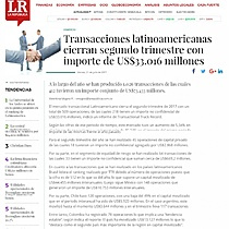 Transacciones latinoamericanas cierran segundo trimestre con importe de US$33.016 millones